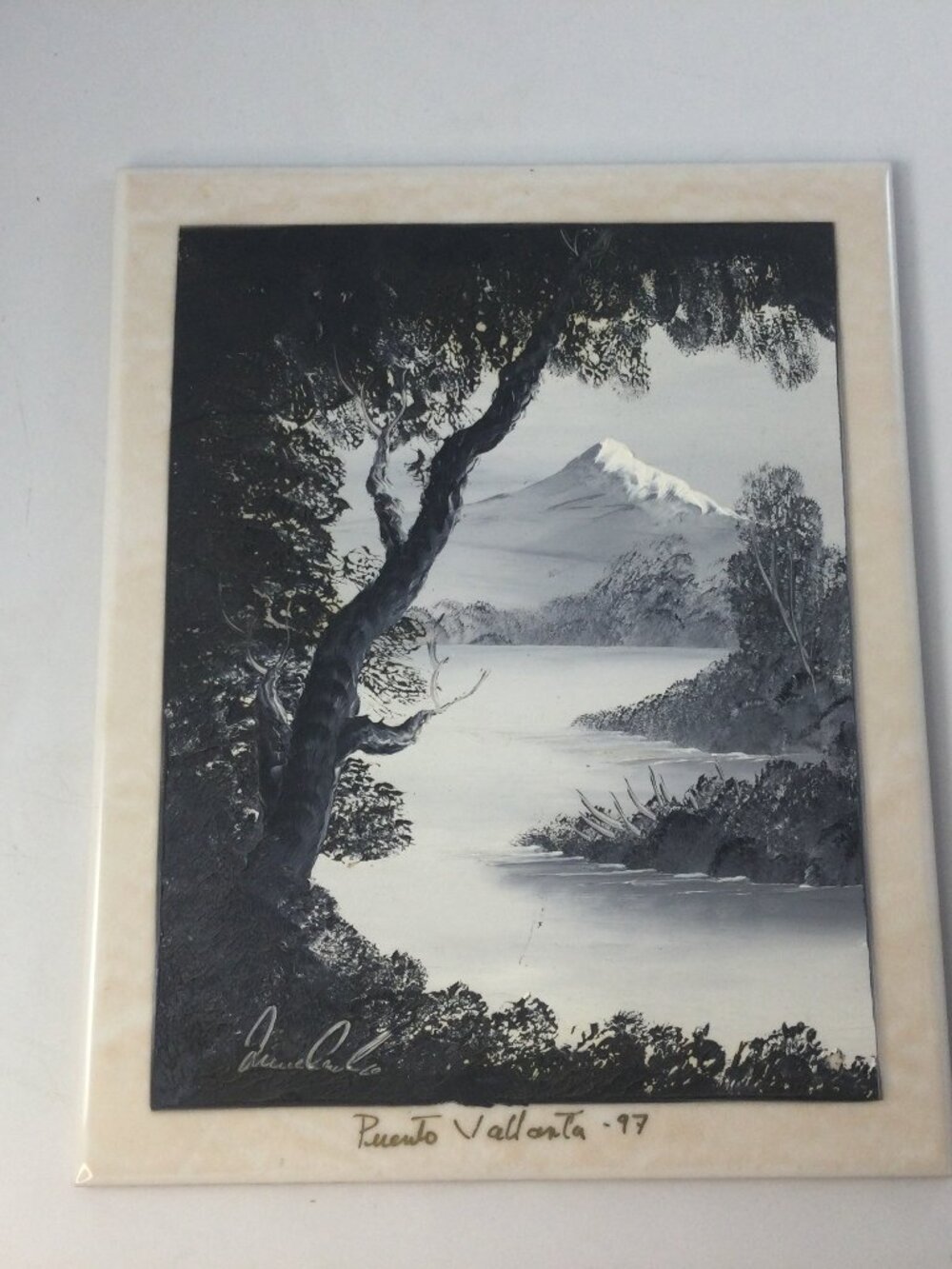 Puerto Vallarta 1997 Vintage Painting On Ceramic Tile Black White 10" x 8"